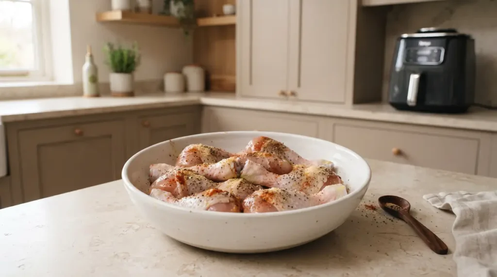 A bowl of seasoned chicken drumsticks on a kitchen counter.