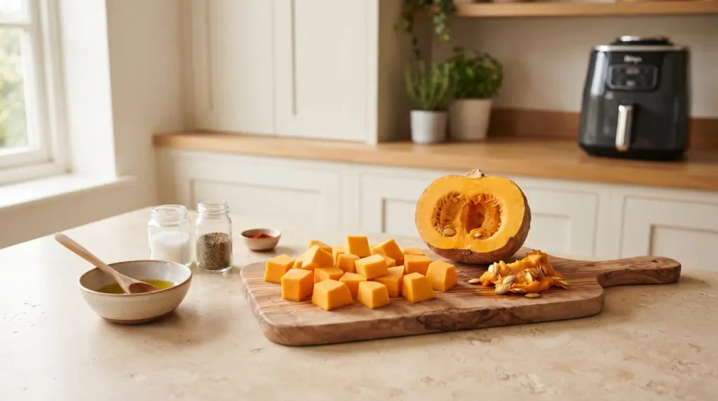 Cubed pumpkin on a cutting board with seasonings and an air fryer in the background.