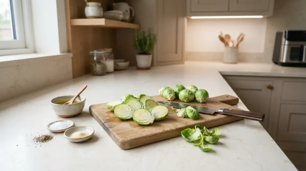 Chopped Brussels sprouts on a wooden cutting board in a kitchen