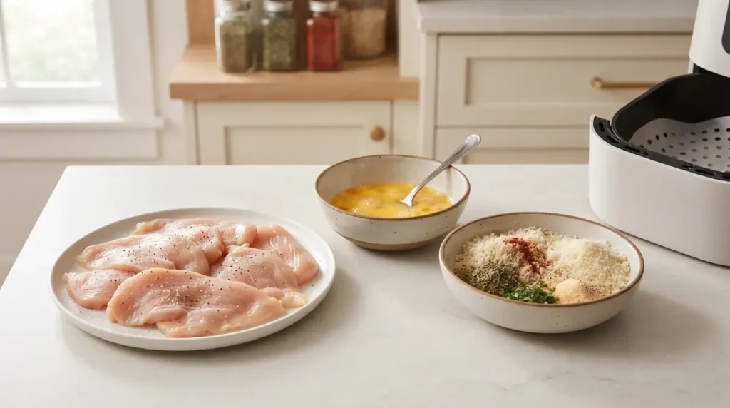 Chicken cutlets, beaten eggs, and seasoning mixture on a kitchen counter.