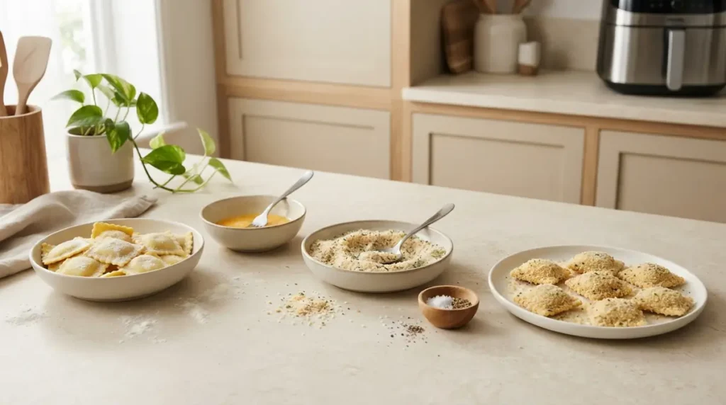 Air Fryer Ravioli Bites: Crispy & Cheesy in 10 Minutes 3 Ravioli bites being prepared with ingredients on a kitchen counter.