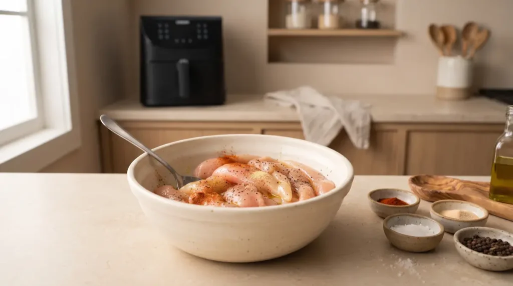 Bowl of raw chicken seasoned with spices