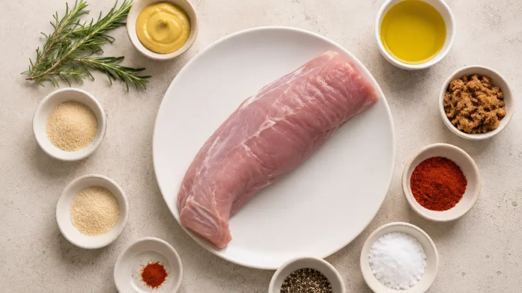 A piece of raw meat surrounded by various spices and sauces on a white plate.