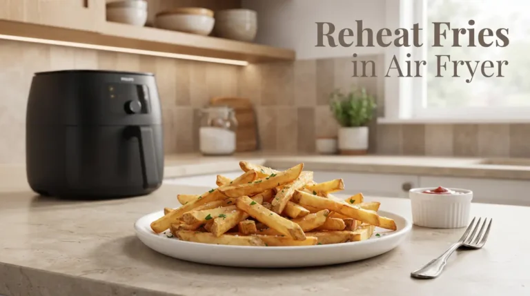 Golden fries on a plate next to an air fryer and ketchup