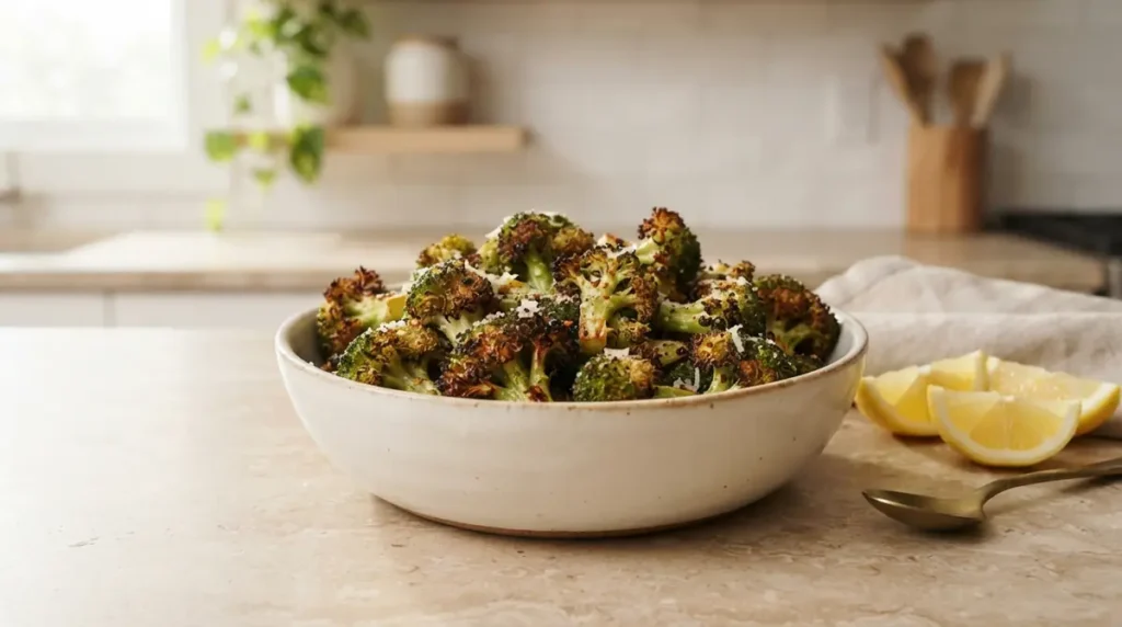 Frozen broccoli in the air fryer 3 Bowl of roasted broccoli garnished with herbs and lemon slices