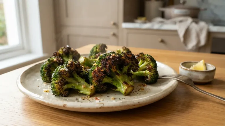 Roasted broccoli florets served on a ceramic plate