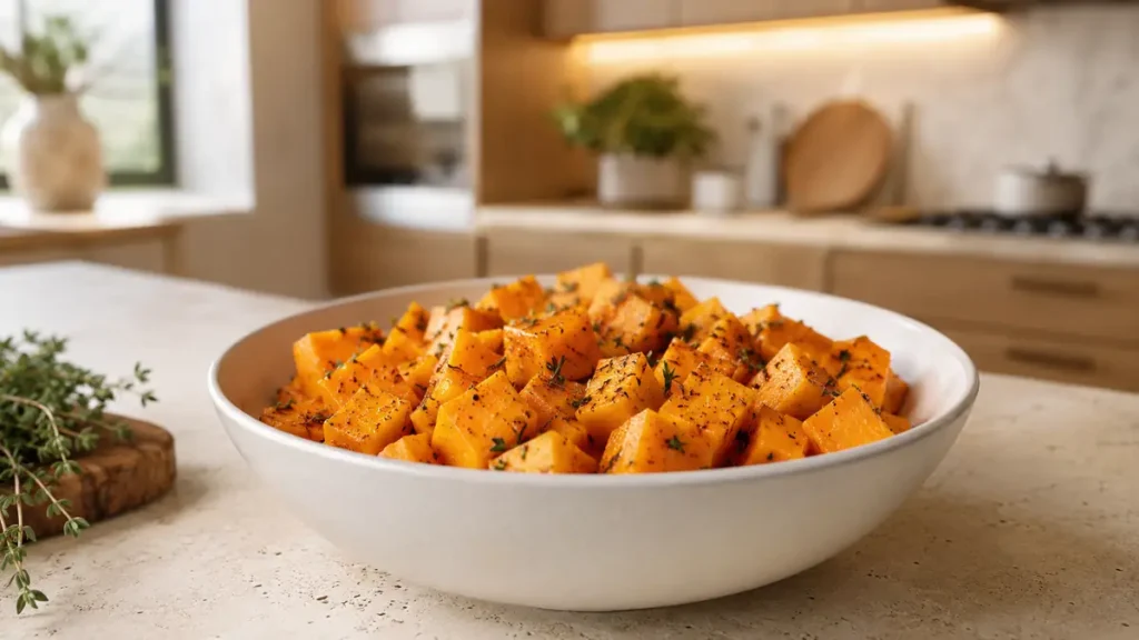 A bowl of roasted butternut squash with herbs.