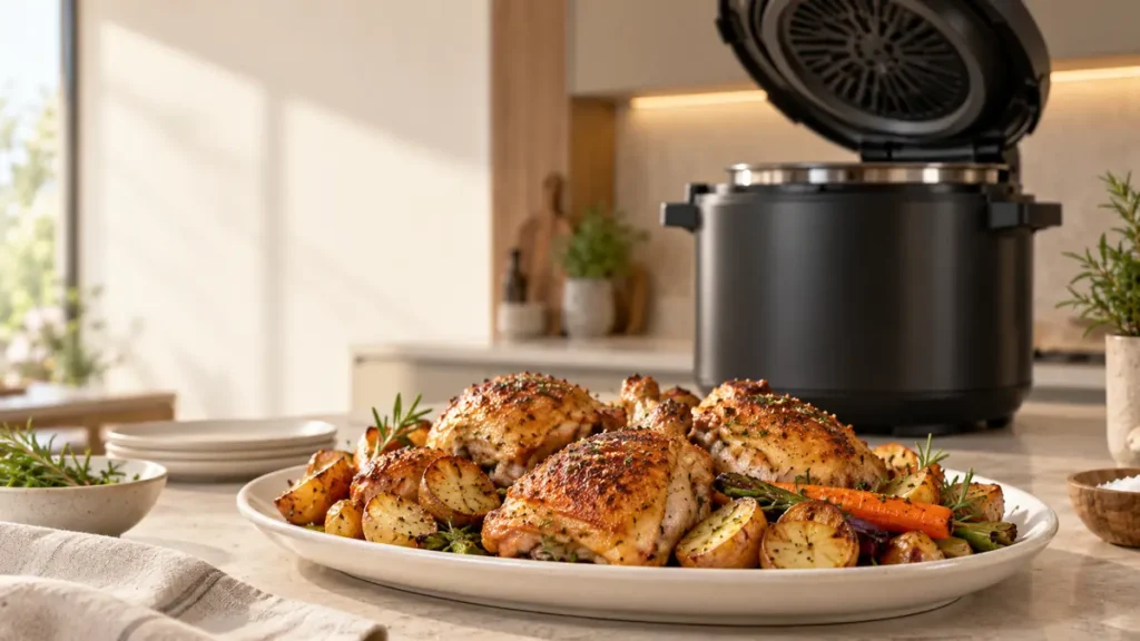 Platter of roasted chicken thighs with potatoes and carrots.
