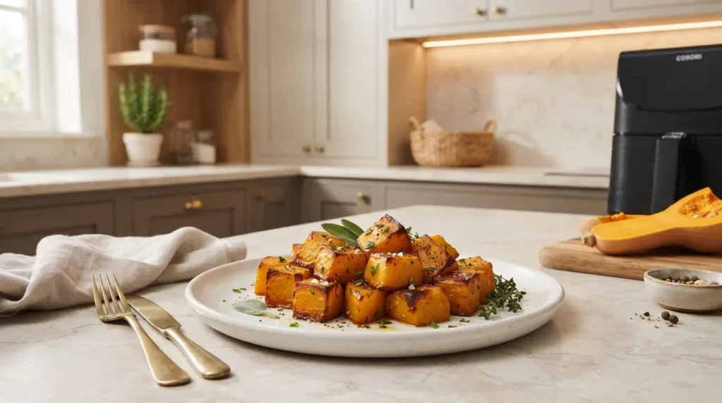 Delicious roasted pumpkin cubes arranged on a white plate.