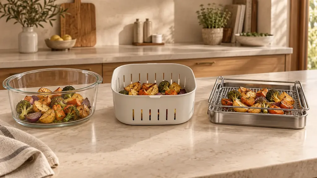 Three containers of roasted vegetables on a kitchen counter