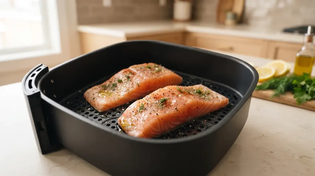 Two salmon fillets seasoned and placed in an air fryer basket.