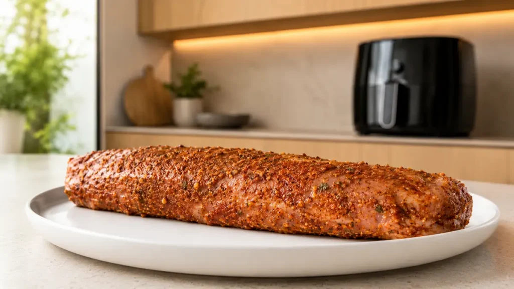 A seasoned pork loin on a white plate in a kitchen setting