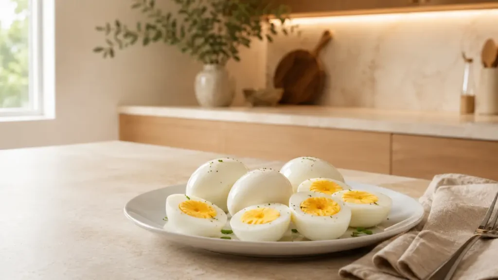 Plate of sliced hard-boiled eggs on a kitchen counter.