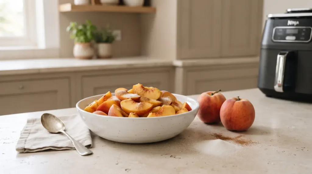 Bowl of sliced peaches on a countertop with apples nearby.
