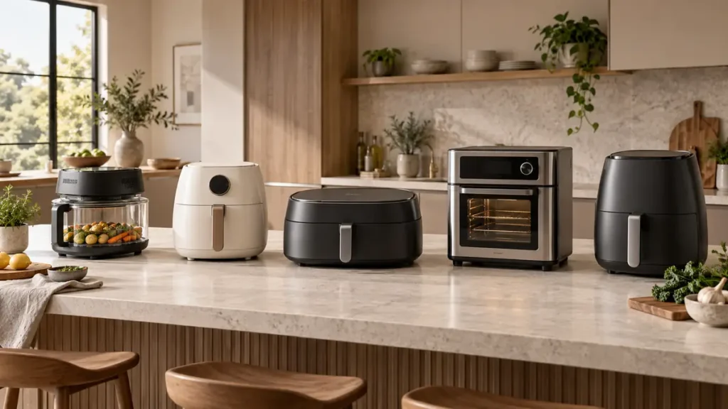 A selection of air fryers displayed on a kitchen countertop.