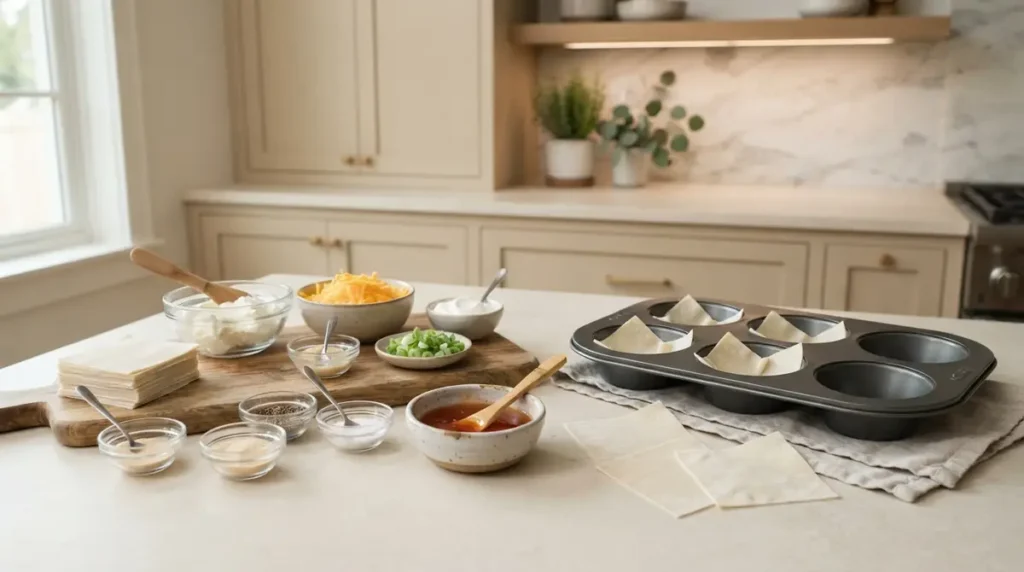 Air Fryer Wonton Cups: Crispy, Cheesy & Easy 3 Ingredients for wonton cups including sauces and toppings on a kitchen counter.