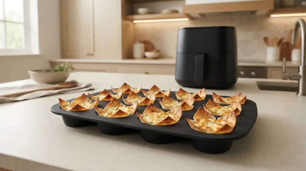 Air Fryer Wonton Cups: Crispy, Cheesy & Easy 4 Wonton cups filled with a savory mixture in a muffin pan on a kitchen countertop.