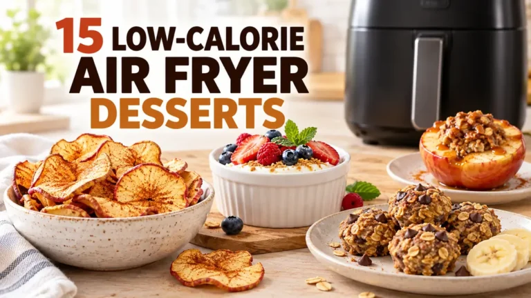 Assorted low-calorie air fryer desserts with an air fryer in a bright kitchen