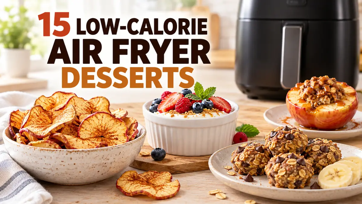 Assorted low-calorie air fryer desserts with an air fryer in a bright kitchen