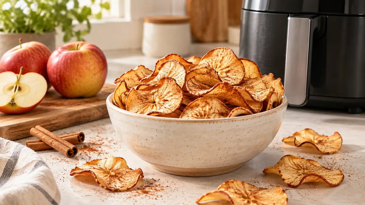 Cinnamon apple chips in a ceramic bowl beside an air fryer