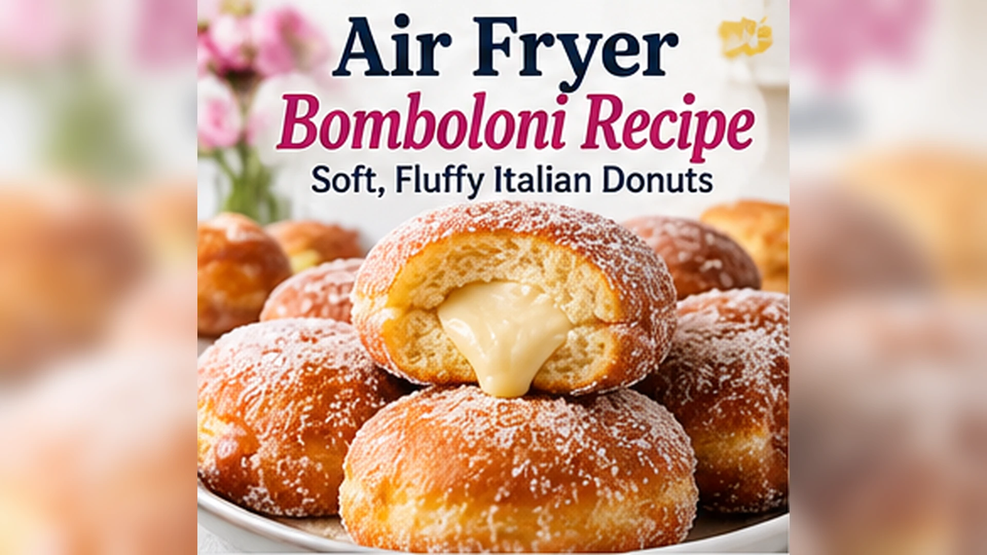 Air Fryer Bomboloni Recipe: Soft, Fluffy Italian Donuts 2 Sugar-coated air fryer bomboloni with a soft cream-filled center beside an air fryer