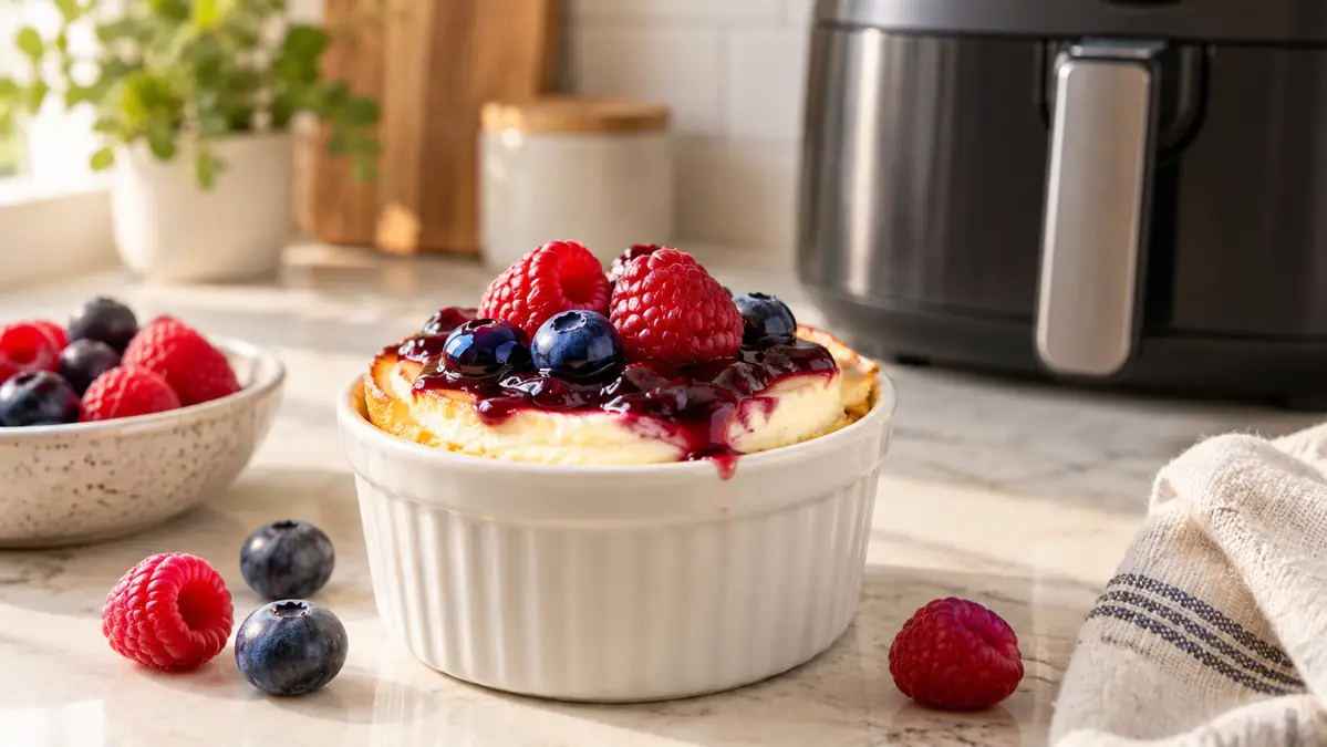 Greek yogurt berry cheesecake cup topped with raspberries and blueberries beside an air fryer