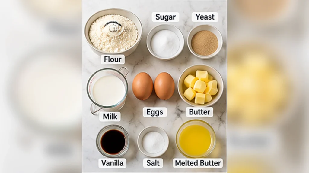 Air Fryer Bomboloni Recipe: Soft, Fluffy Italian Donuts 3 Flour, yeast, milk, eggs, butter, sugar, vanilla and salt arranged for air fryer bomboloni