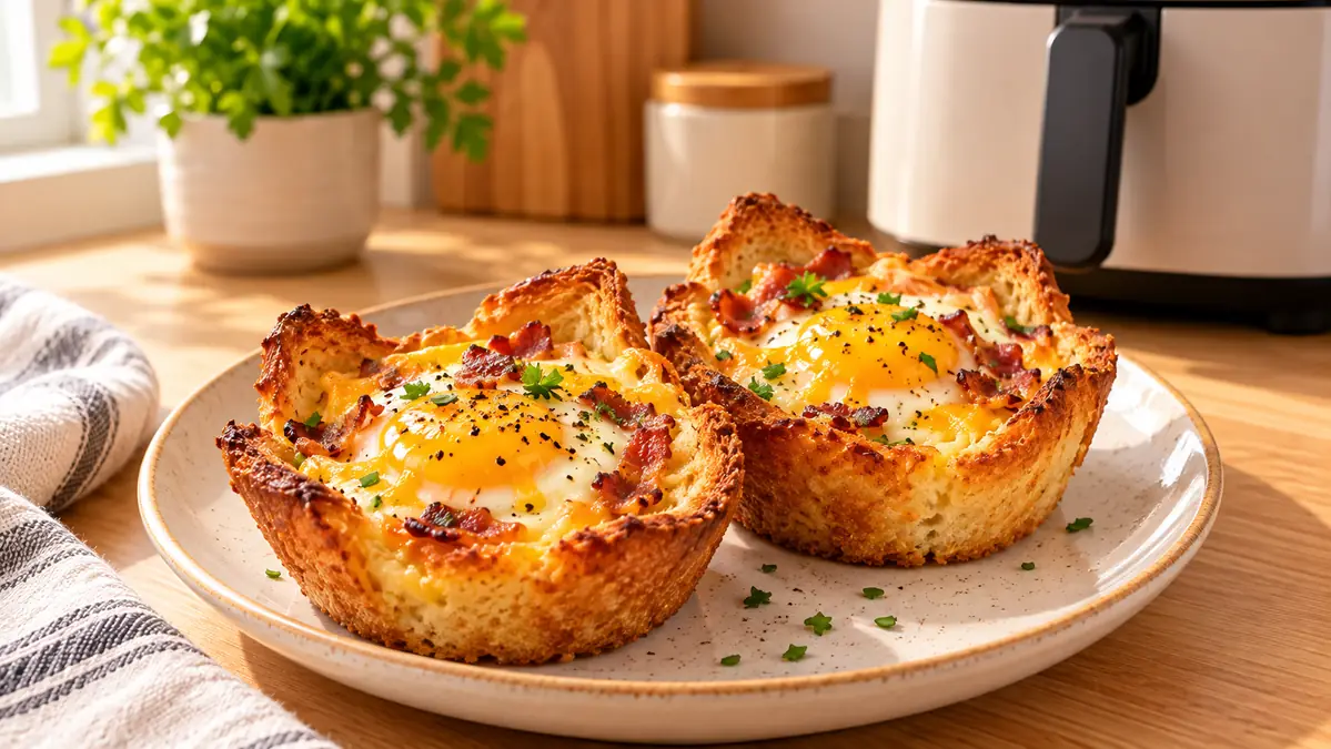 Two air fryer egg toast cups with baked eggs and toast