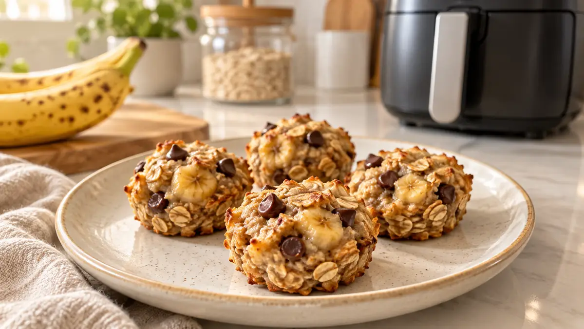 Banana oat bites with banana slices and a few chocolate chips beside an air fryer