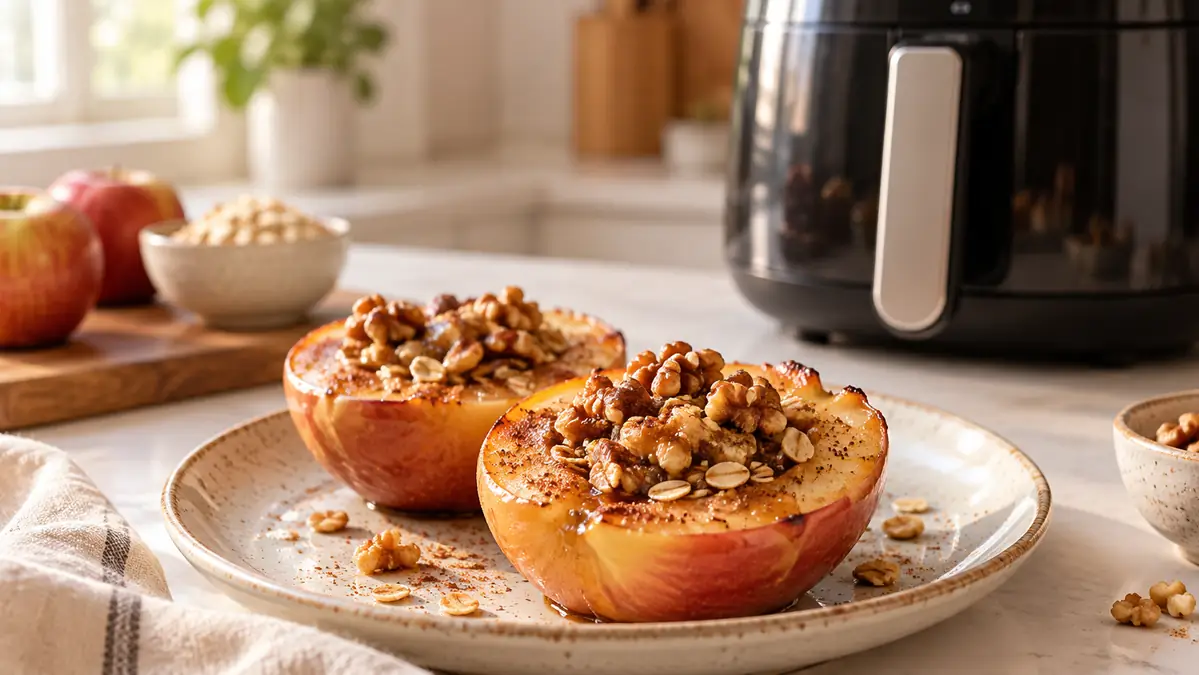 Cinnamon baked apple half with oat and walnut topping