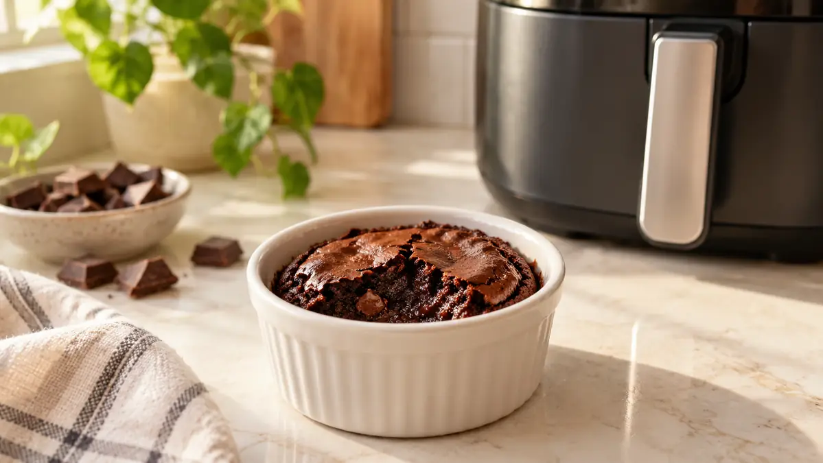 Small chocolate brownie bite in a ramekin
