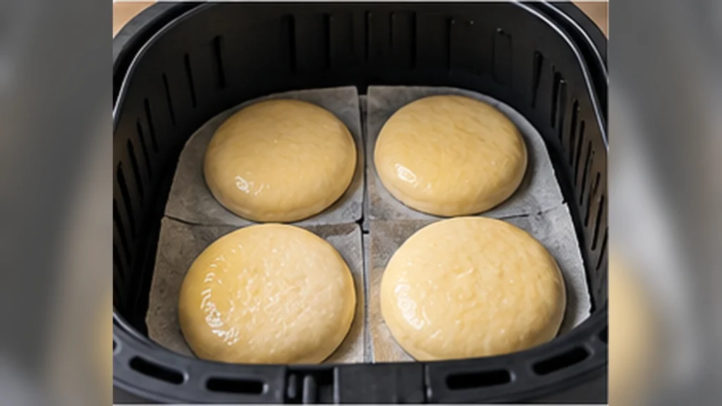 Air Fryer Bomboloni Recipe: Soft, Fluffy Italian Donuts 7 Proofed bomboloni spaced apart in an air fryer basket before cooking