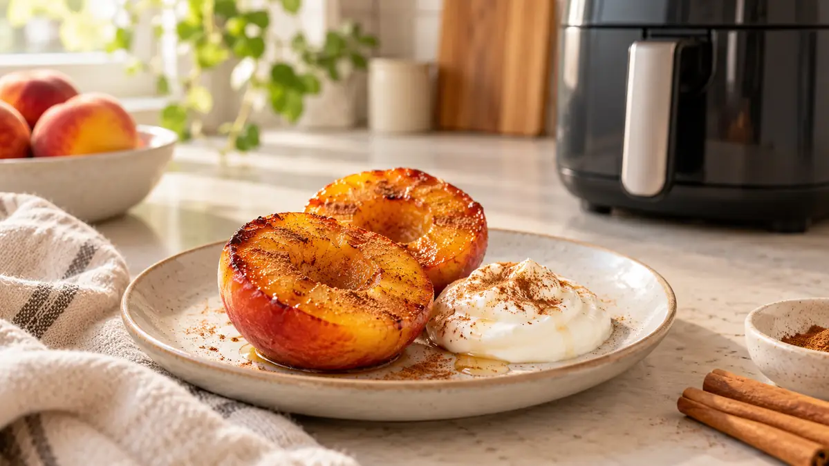 Warm peach with cinnamon and Greek yogurt