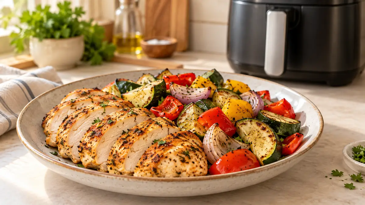 Air fryer chicken and vegetables with bell pepper zucchini and onion