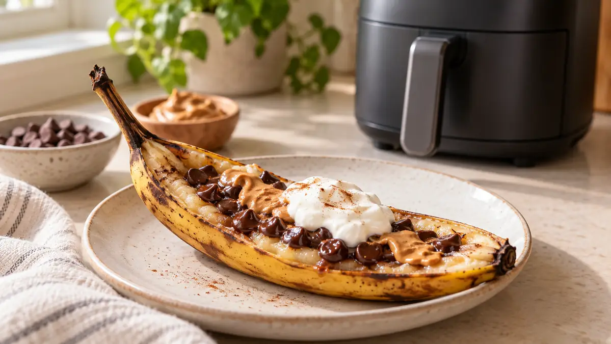 Chocolate banana boat with chocolate chips and peanut butter