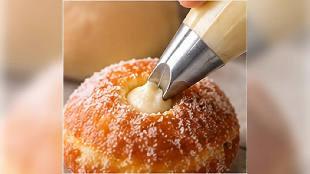 Air Fryer Bomboloni Recipe: Soft, Fluffy Italian Donuts 10 Pastry cream being piped into a sugar-coated air fryer bombolone