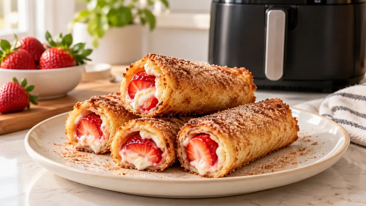 Strawberry cream cheese toast roll-up with fresh strawberries