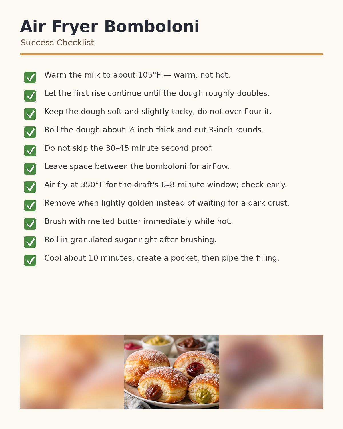 Air Fryer Bomboloni Recipe: Soft, Fluffy Italian Donuts 12 Air fryer bomboloni success checklist covering proofing, spacing, cooking, butter coating and filling