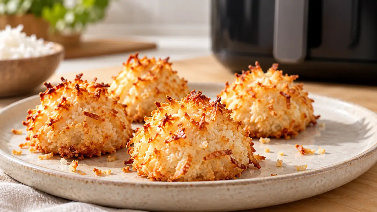 Two mini coconut macaroons with toasted coconut