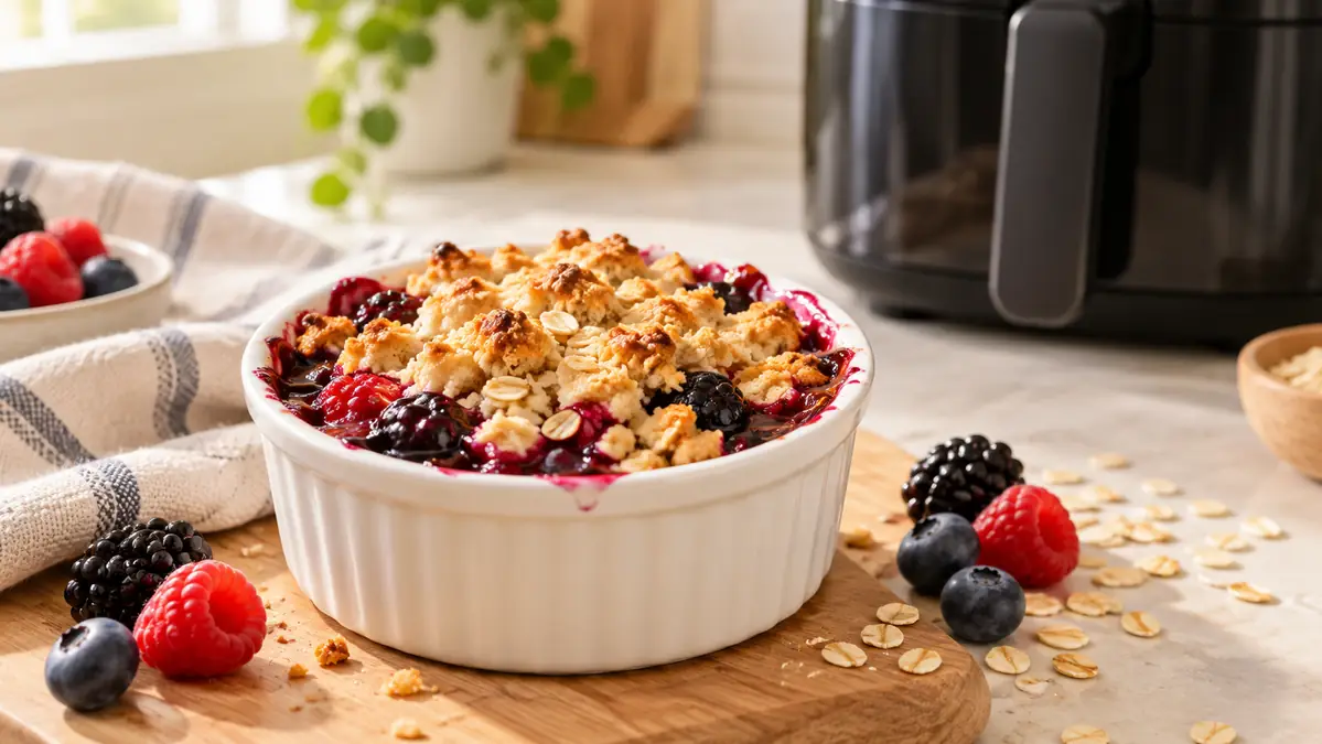 Berry crumble cup with oat topping and mixed berries