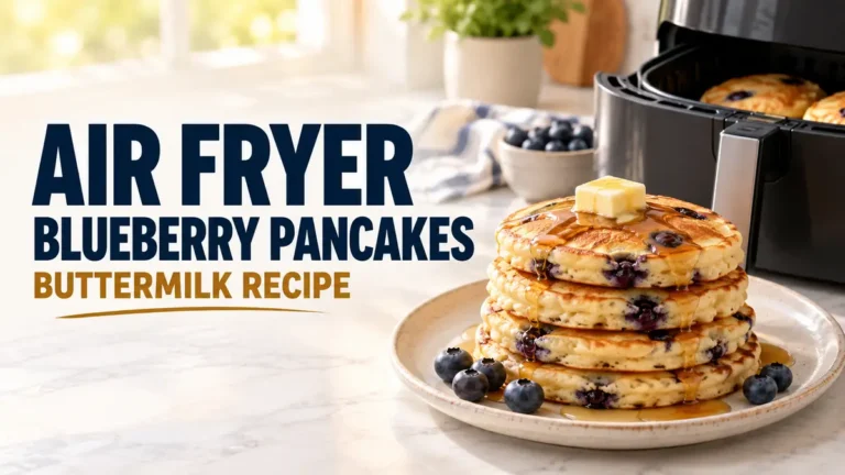 Air fryer blueberry buttermilk pancakes with fresh blueberries, butter, and maple syrup beside an open air fryer.