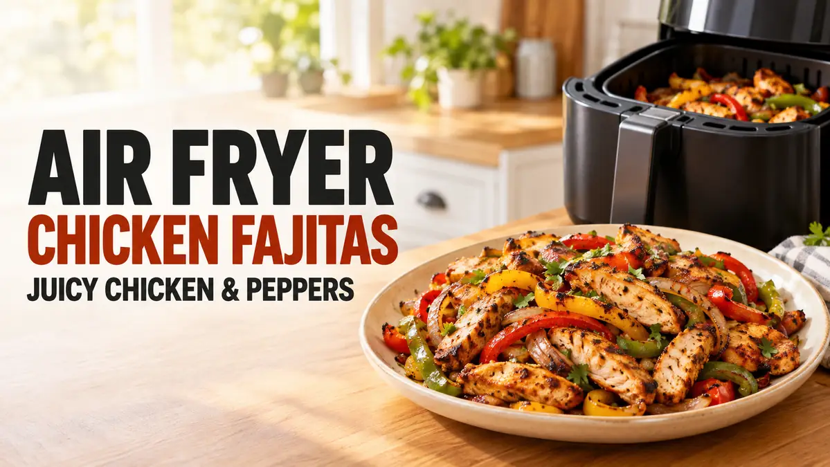 Air Fryer Chicken Fajitas: Juicy Chicken & Peppers 1 A plate of chicken fajitas with peppers next to an air fryer.