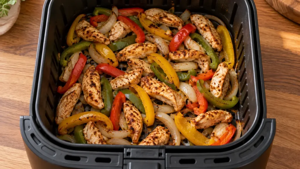 Air Fryer Chicken Fajitas: Juicy Chicken & Peppers 4 Cooked chicken strips and colorful bell peppers in an air fryer basket.