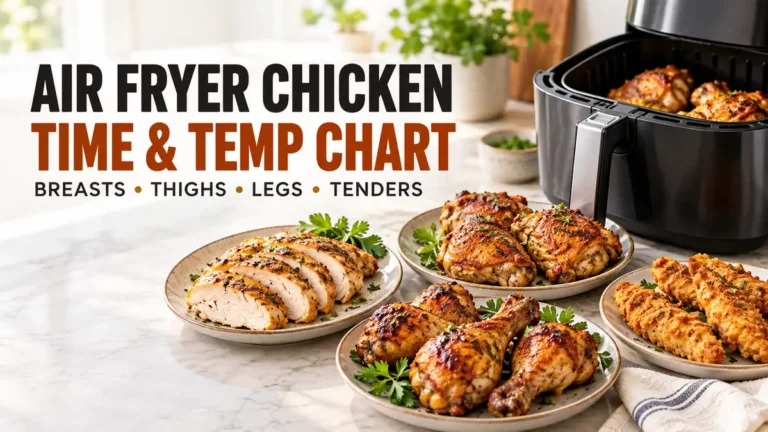 Air Fryer Chicken Cooking Times by Cut: Time & Temp Chart 5 Air fryer chicken time and temperature chart for breasts, thighs, legs, and tenders beside an air fryer.