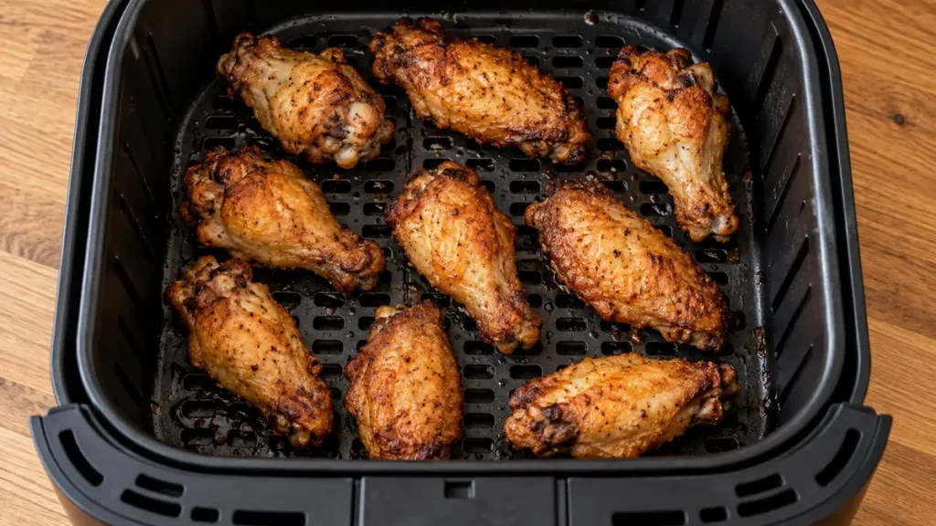 A tray of crispy chicken wings in an air fryer basket.