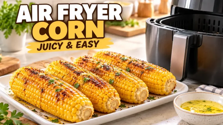 Air Fryer Corn on the Cob: Easy, Juicy, and Lightly Charred 6 Juicy air fryer corn on the cob beside an open basket-style air fryer