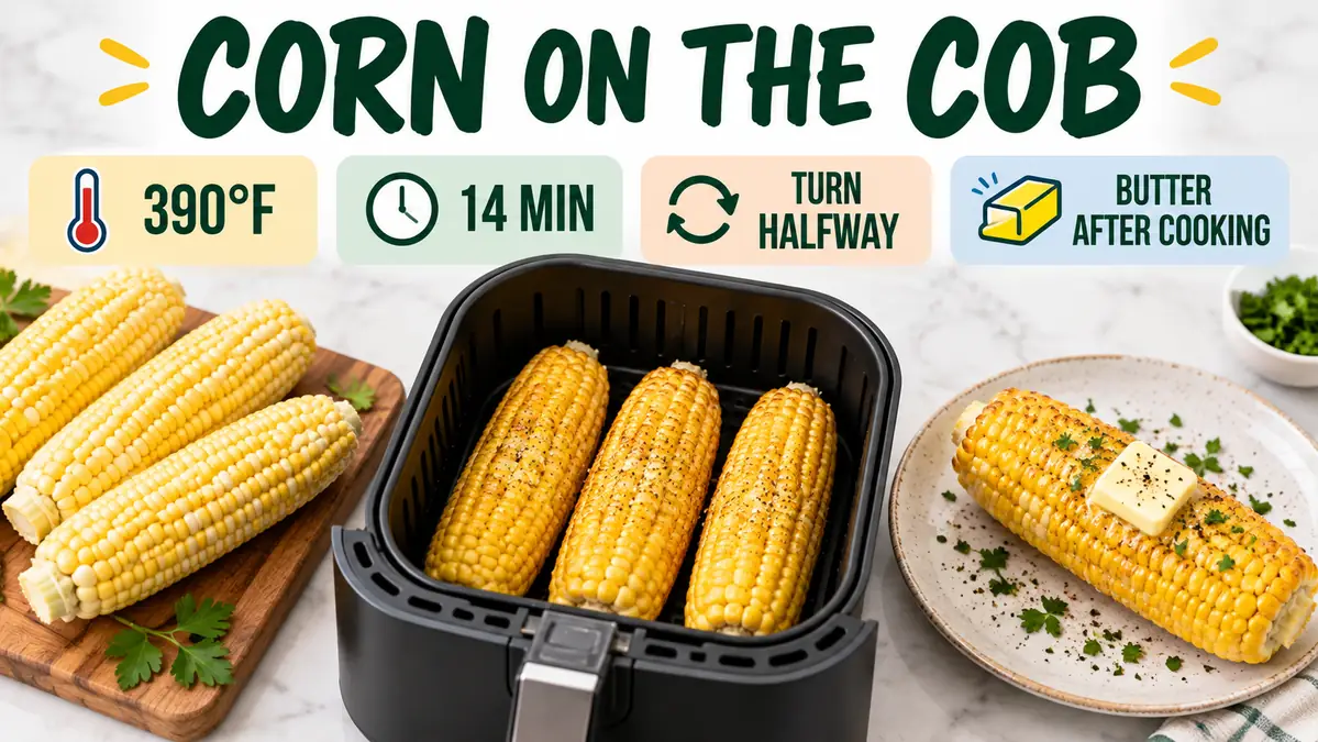 Air Fryer Corn on the Cob: Easy, Juicy, and Lightly Charred 2 Air fryer corn on the cob guide showing 390 degrees, 14 minutes, turn halfway, and butter after cooking