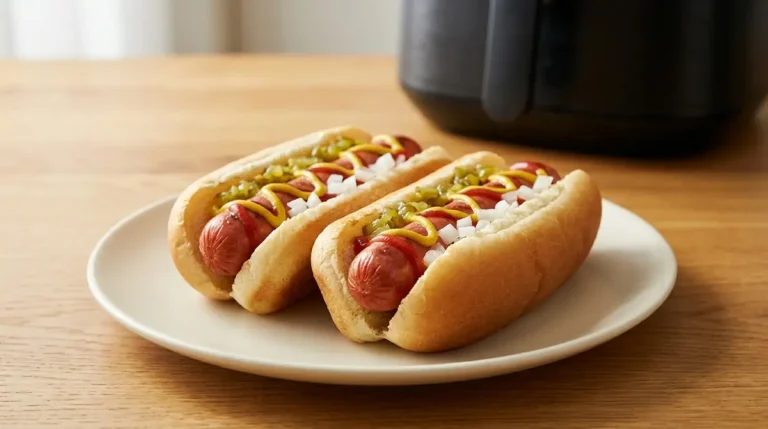 Two air fryer hot dogs in lightly toasted buns with classic toppings.
