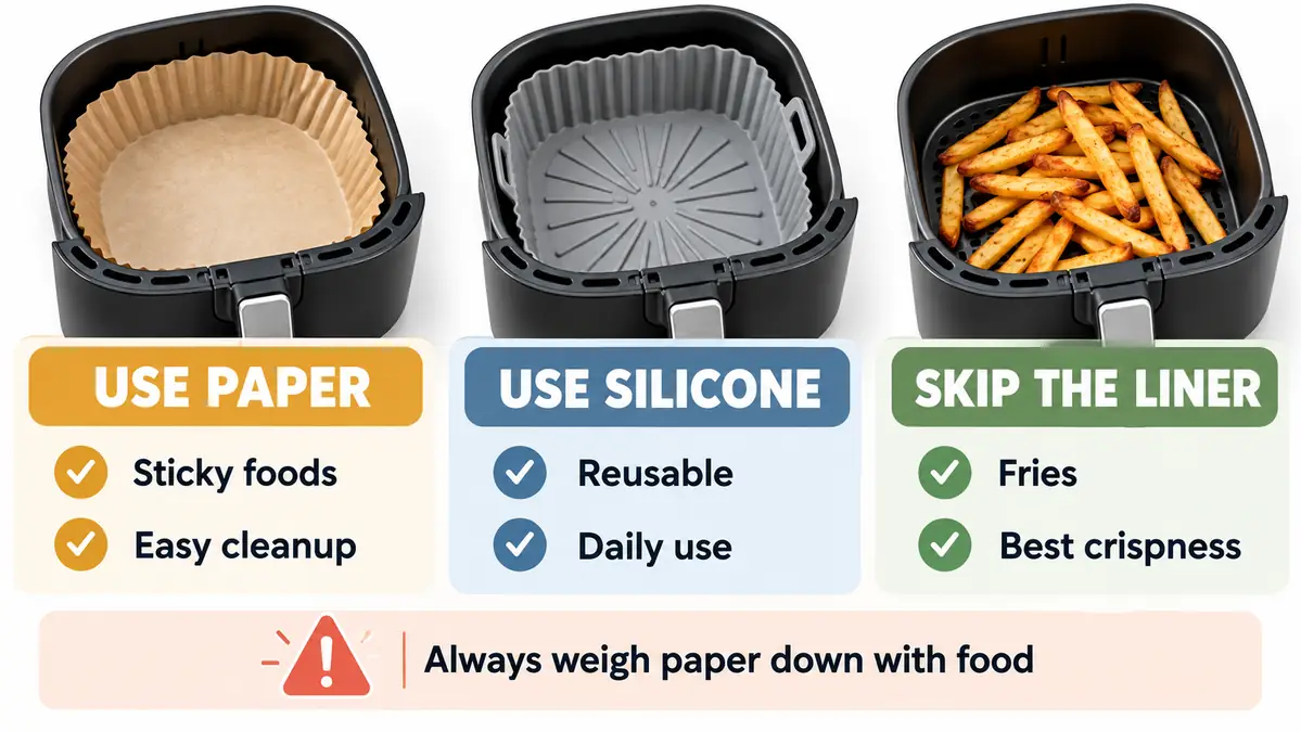 Air Fryer Liners: Parchment vs Silicone, Safety, and Best Uses 2 Three air fryer baskets comparing a paper liner, silicone liner, and no liner for fries