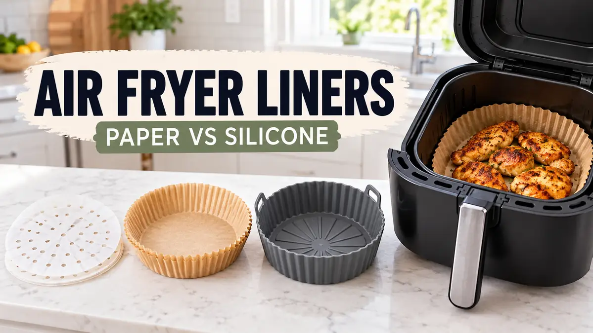 Air Fryer Liners: Parchment vs Silicone, Safety, and Best Uses 1 Air fryer with paper and silicone liner options on a clean kitchen counter